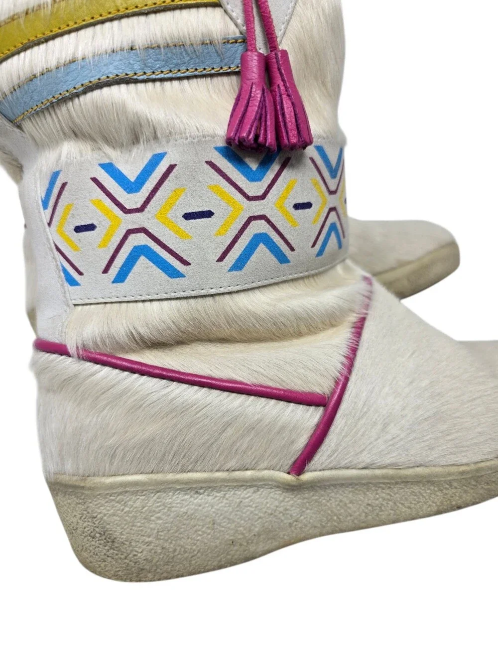 Vintage Tecnica Italy Cream Fur Après Ski Boots US 8.5 Southwestern Tassels